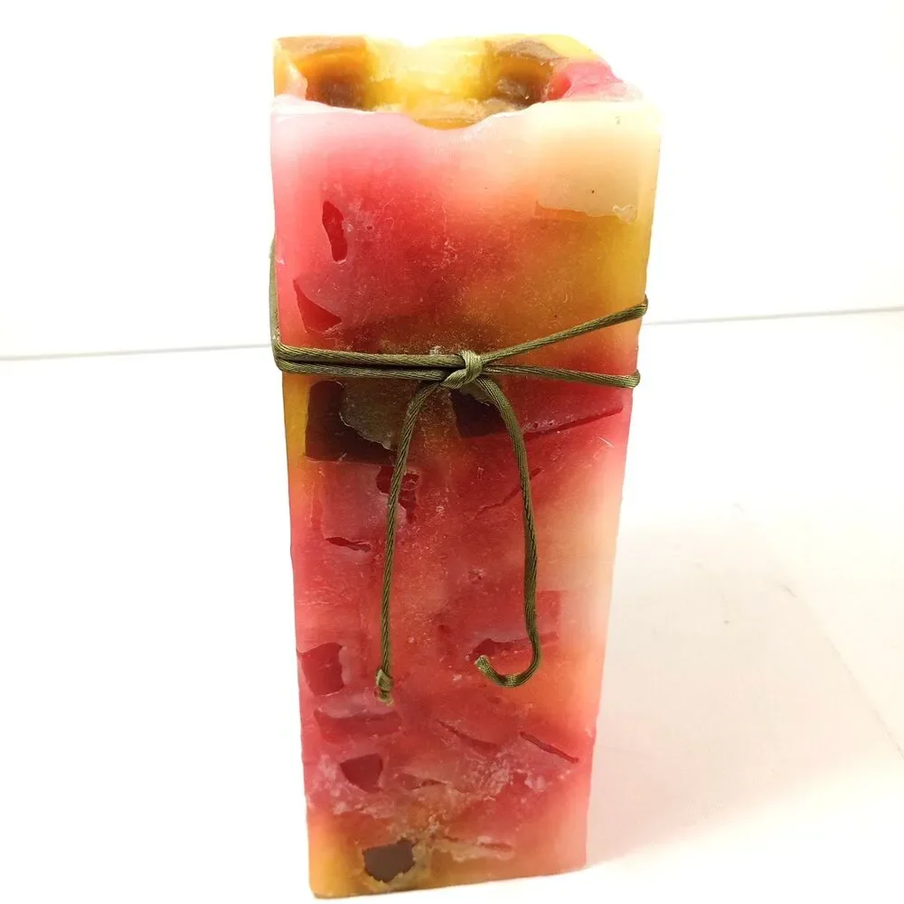 Vintage Chunk Pillar Candle Square Mosaic Wax Red Yellow Cream Rustic Decor